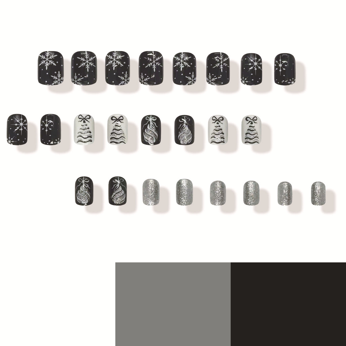 Set of black and silver nail art designs on a white background