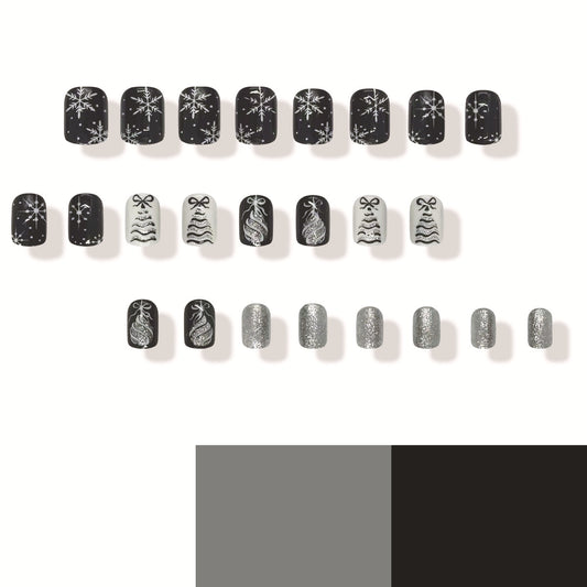 Set of black and silver nail art designs on a white background