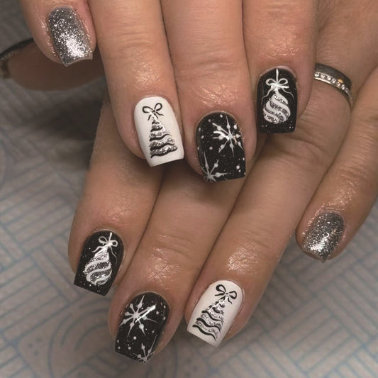 Festive Holiday Glam Medium Square Black and White Press On Nail Set with Sparkling Silver Accents and Christmas Tree Designs