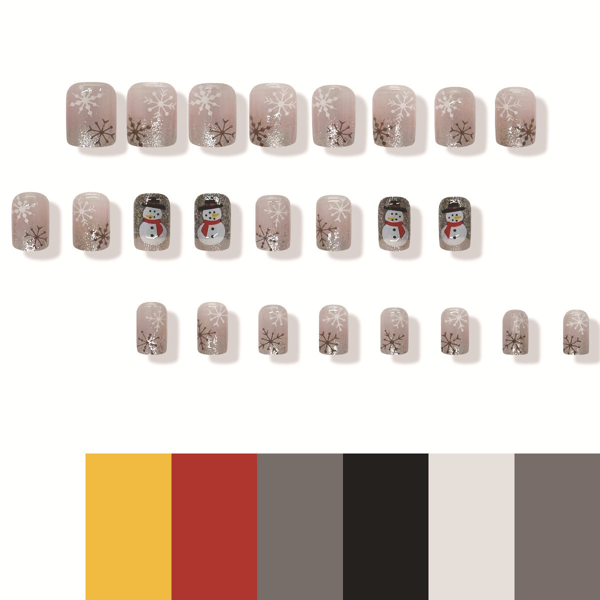A set of press-on nails with a winter theme, featuring designs of snowflakes and a snowman in soft pink, gray, and glitter colors.