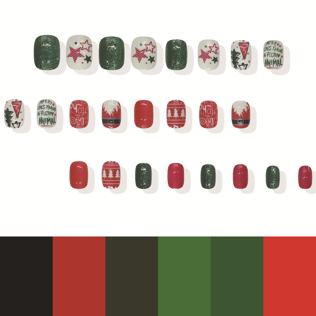 Festive Vibes Short Square Press on Nail Set in Green White and Red with Glitter and Holiday Designs