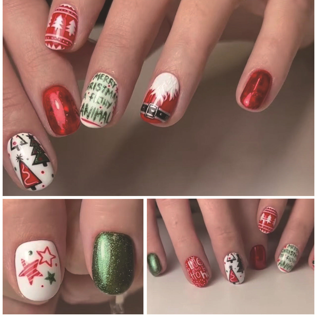 Festive Celebration Short Oval Red Green and White Press on Nail Set with Unique Holiday Designs