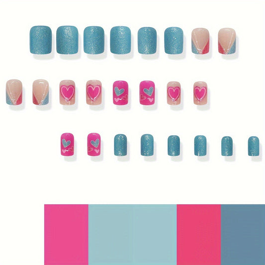 Loving Hearts Blue and Pink Short Square Press-On Nail Set with Glitter Finish