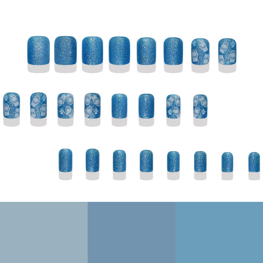 Whimsical Ocean Escape Short Square Blue Glitter Press-On Nail Set with Unique Pattern Design