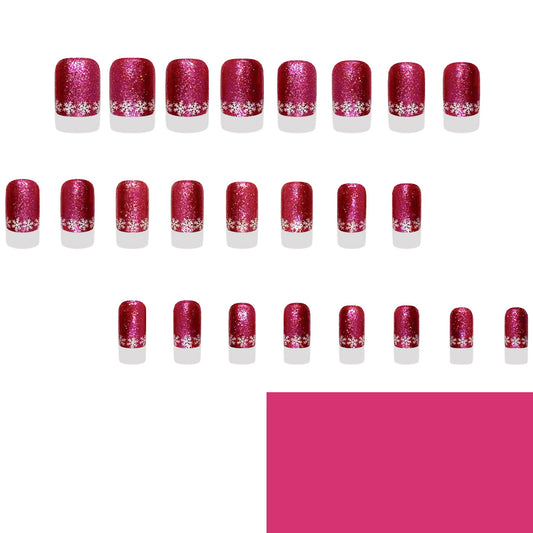 Festive Glamour Short Square Bright Pink with Sparkling Snowflake Accent Press on Nail Set