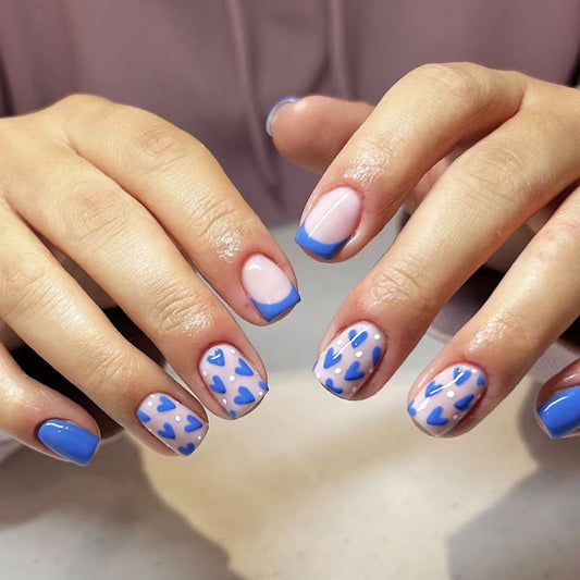 Charming Heartfelt Blue Short Square Press On Nail Set with Fun Designs and Elegant Tips