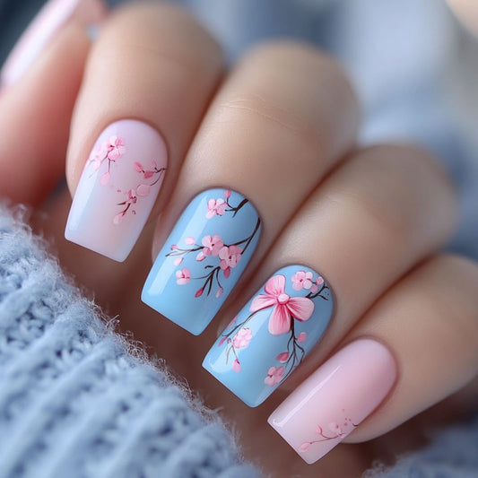 Blossom Breeze Medium Square Pastel Pink and Blue Floral Press-On Nail Set with Three Dimensional Details