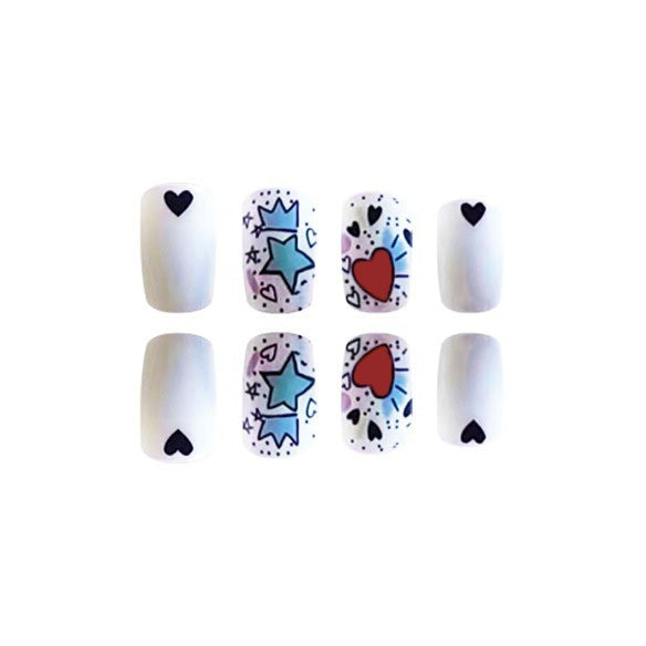 Playful Love Theme Short Square White Nails with Colorful Heart and Star Designs