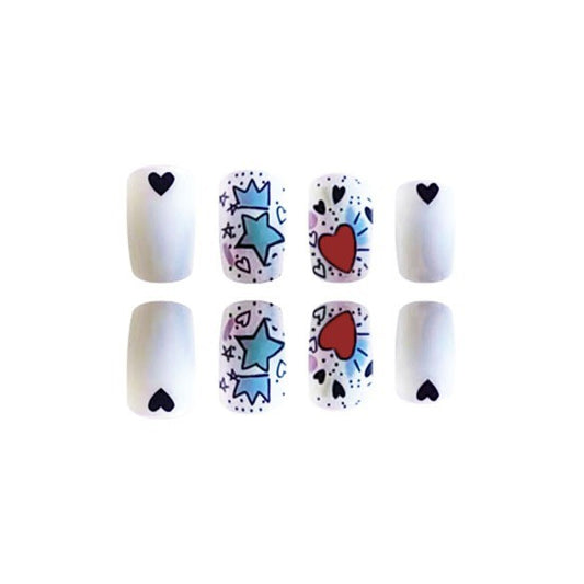 Playful Love Theme Short Square White Nails with Colorful Heart and Star Designs