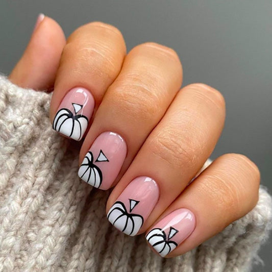 Pumpkin Spice Delight Medium Square Pink and White Press On Nail Set with Charming Pumpkin Design