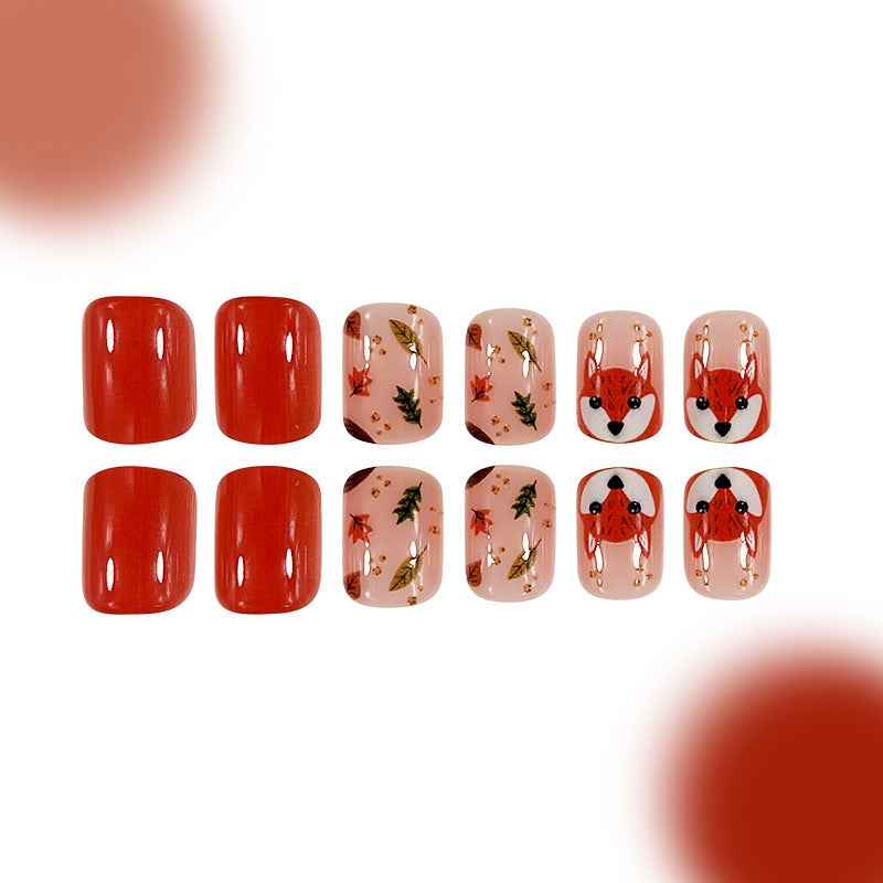 Autumn Enchantment Short Oval Red and Pink Press On Nail Set with Adorable Fox and Leaf Designs