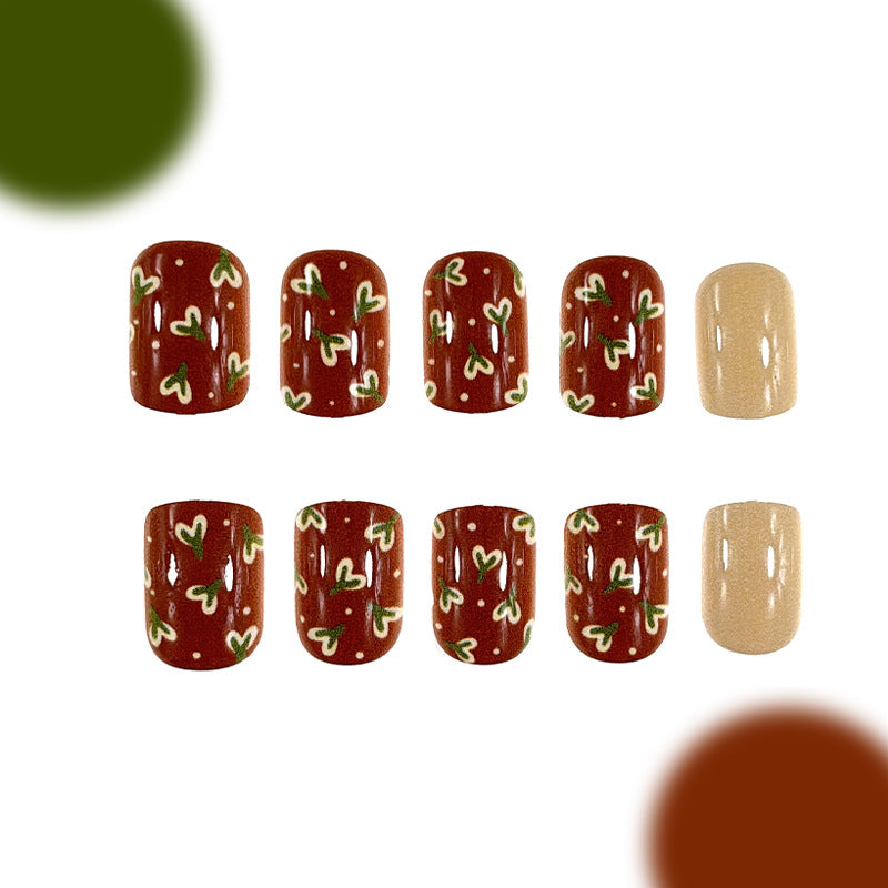 Autumn Whimsy Short Square Burgundy Press On Nail Set with Heart Doodles and Gold Accents