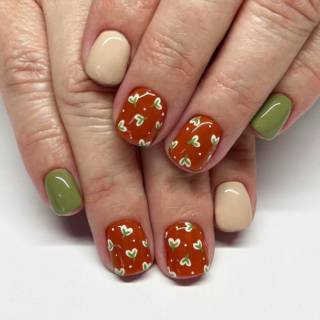 Autumn Whimsy Square Press On Short Nail Set Warm Orange Green and Beige with Heart Designs