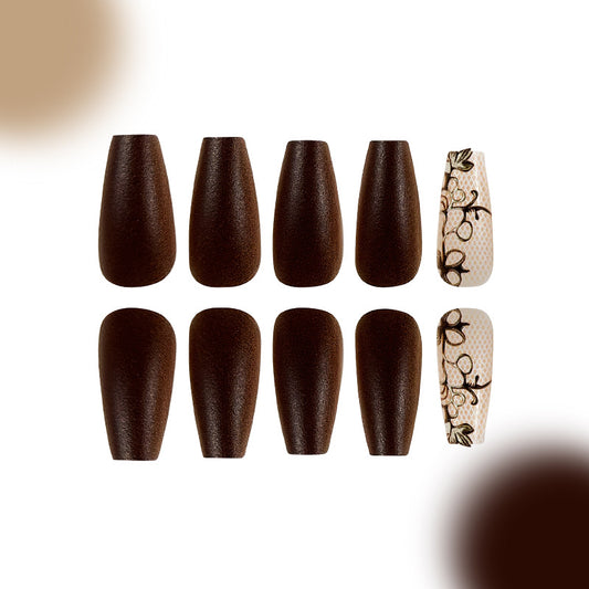 Elegant Autumn Vibes Long Coffin Brown Press On Nail Set with Unique Floral Accent