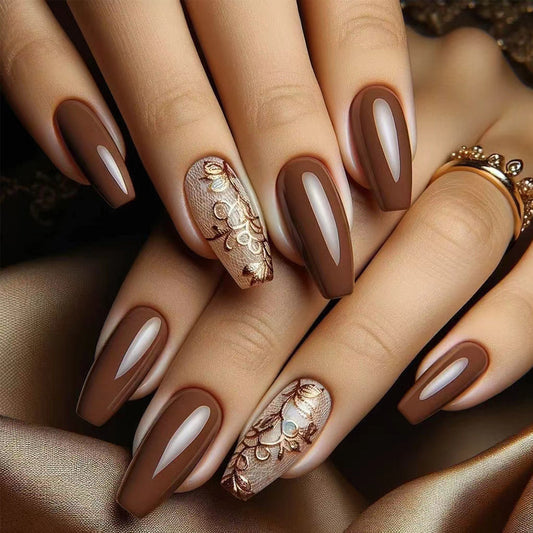 Elegant Autumn Vibes Long Coffin Brown and Beige Floral Press On Nail Set