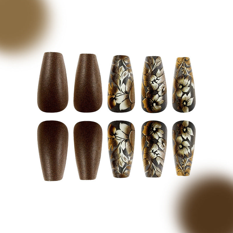 Bohemian Elegance Long Coffin Press On Nail Set in Rich Dark Brown with Floral Patterns and Textured Finish