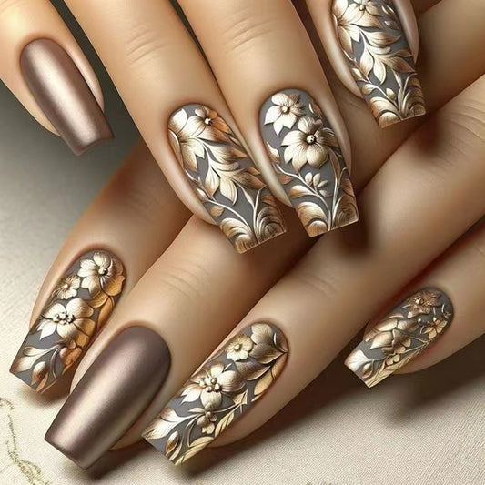 Elegant Garden Floral Long Coffin Press On Nail Set in Matte Brown and Metallic Gold with Intricate 3D Flower Designs