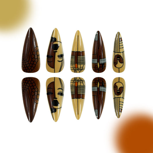 Artistic African Elegance Long Stiletto Brown and Beige Press On Nail Set with Unique Geometric Patterns