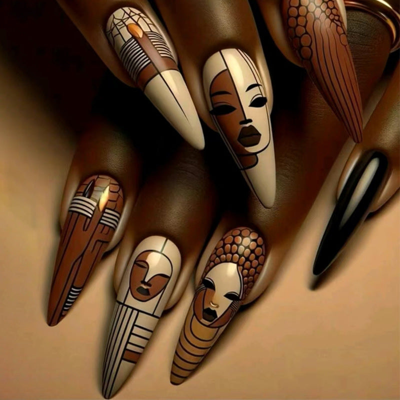 African Elegance Long Stiletto Brown and Cream Press On Nail Set with Unique Tribal Art Design