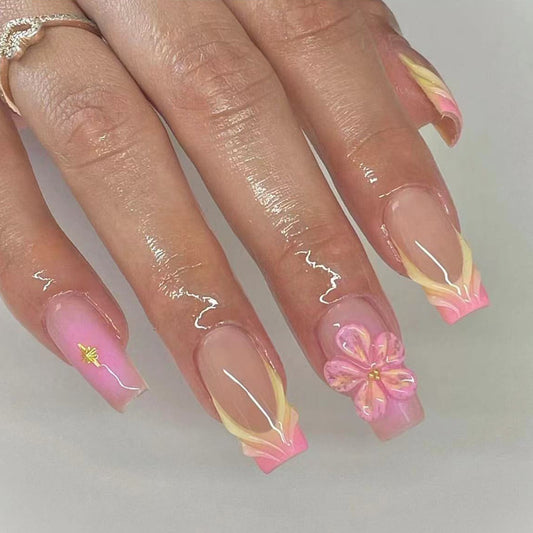 Tropical Blossom Long Square Press On Nail Set Pink Ombre with Floral Accent