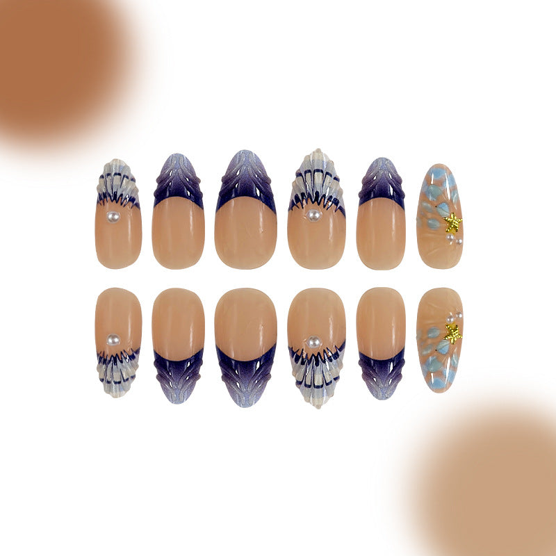 Underwater Elegance Long Lengthy Almond Shaped Gradient Blue and Beige Press On Nail Set with Pearl Accents