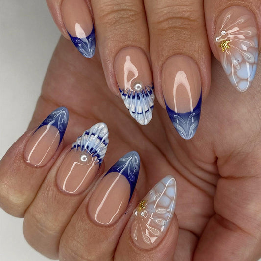 Ocean Breeze Long Almond Blue Ombre Press On Nail Set with Pearl and Gold Accents