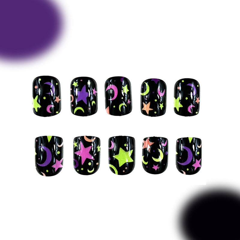 Celestial Dream Black Short Squoval Glow in the Dark Press On Nail Set with Colorful Star and Moon Design