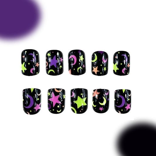 Celestial Dream Black Short Squoval Glow in the Dark Press On Nail Set with Colorful Star and Moon Design