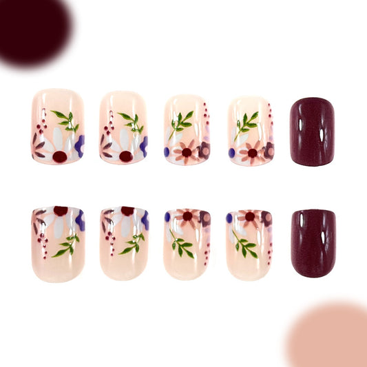Blooming Garden Fantasy Floral Press On Nail Set Short Square Beige and Burgundy with Charming Hand-Painted Design