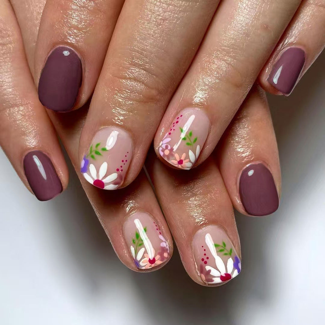 Floral Delight Short Square Shape Burgundy and Beige Press On Nail Set with Vibrant Flower Designs