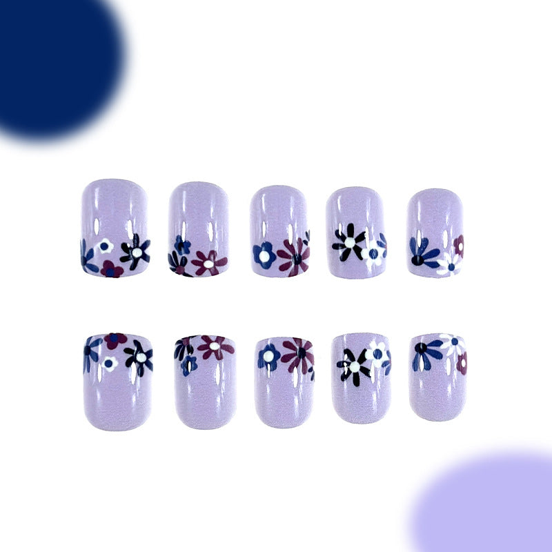 Floral Fantasy Dreamy Short Round Lavender Nail Set with Vibrant Hand-Painted Flowers