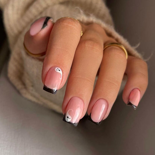 Spooky Chic Long Square Pink and Black Press On Nail Set with Ghost Design