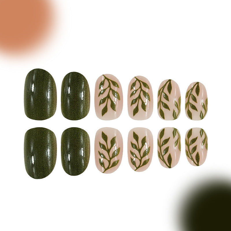 Botanical Elegance Short Oval Green and Beige Leaf Design Press-On Nail Set