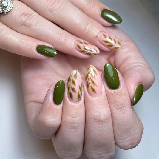 Nature's Elegance Glossy Medium Almond Green and Beige Leaf Design Press on Nail Set