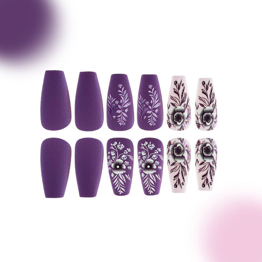 Mystical Evening Glamour Medium Coffin Purple Press On Nail Set with Floral Artistry and Matte Finish