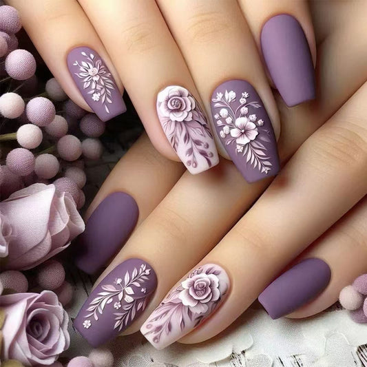 Blossom Elegance Medium Coffin Lavender Press on Nail Set with Intricate Floral Design