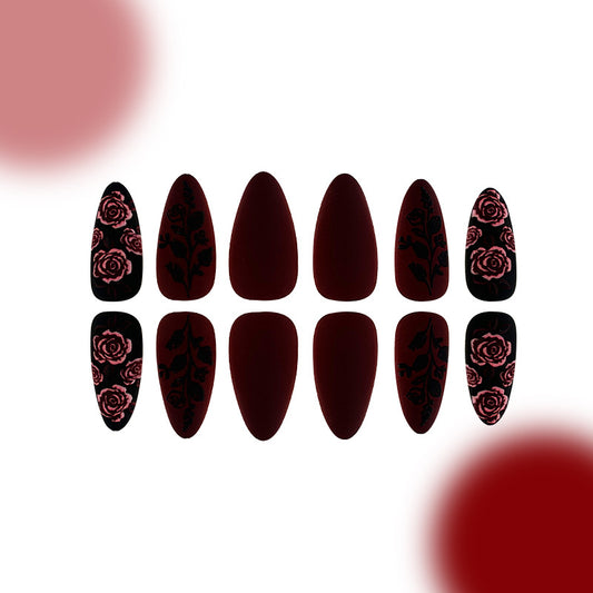 Enchanted Floral Elegance Medium Almond Deep Red Matte Press-On Nail Set with Elegant Rose Designs