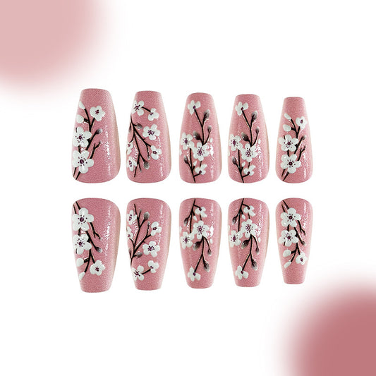 Blossom Elegance Medium Coffin Pink Press On Nail Set with Floral Design