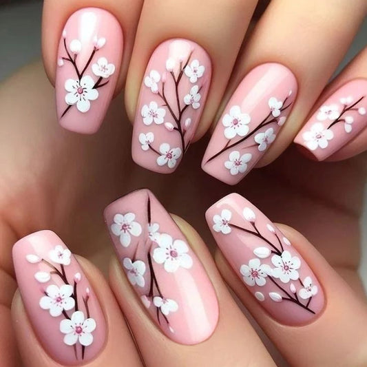 Blossom Beauty Medium Square Pink Floral Press-On Nail Set with Elegant Cherry Blossom Design