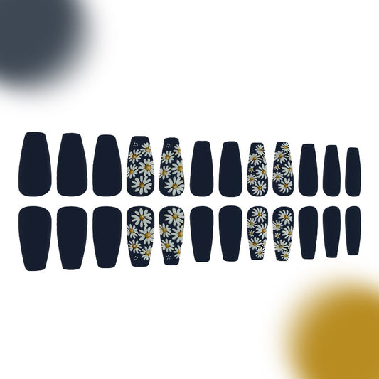 Daisy Delight Long Coffin Matte Black and Floral Press On Nail Set with Unique Artistry