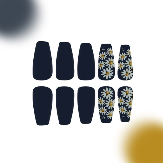 Bohemian Elegance Matte Black Long Coffin Press On Nail Set with Floral Accent Design