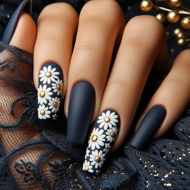 Chic Floral Melody Long Coffin Matte Black Press On Nail Set with Elegant Daisy Design