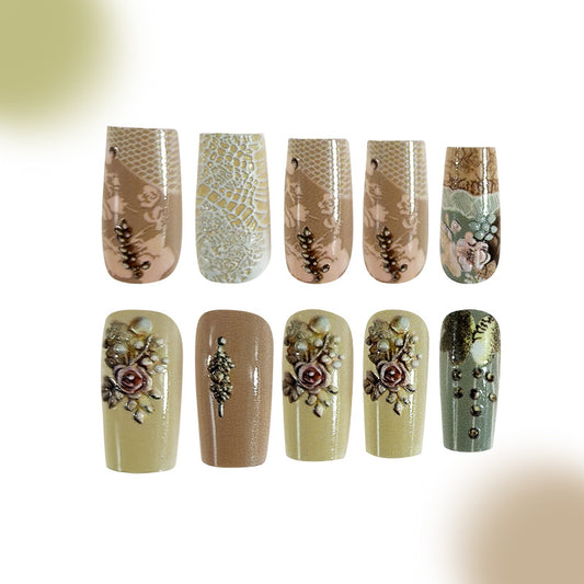 Elegant Floral Harmony Long Square Beige Green Matte with Intricate Rose Designs Press on Nail Set