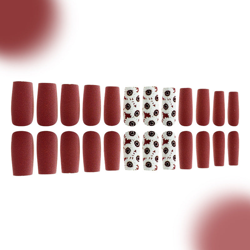 Autumn Elegance Medium Square Burgundy Press On Nail Set with Floral Accent Design