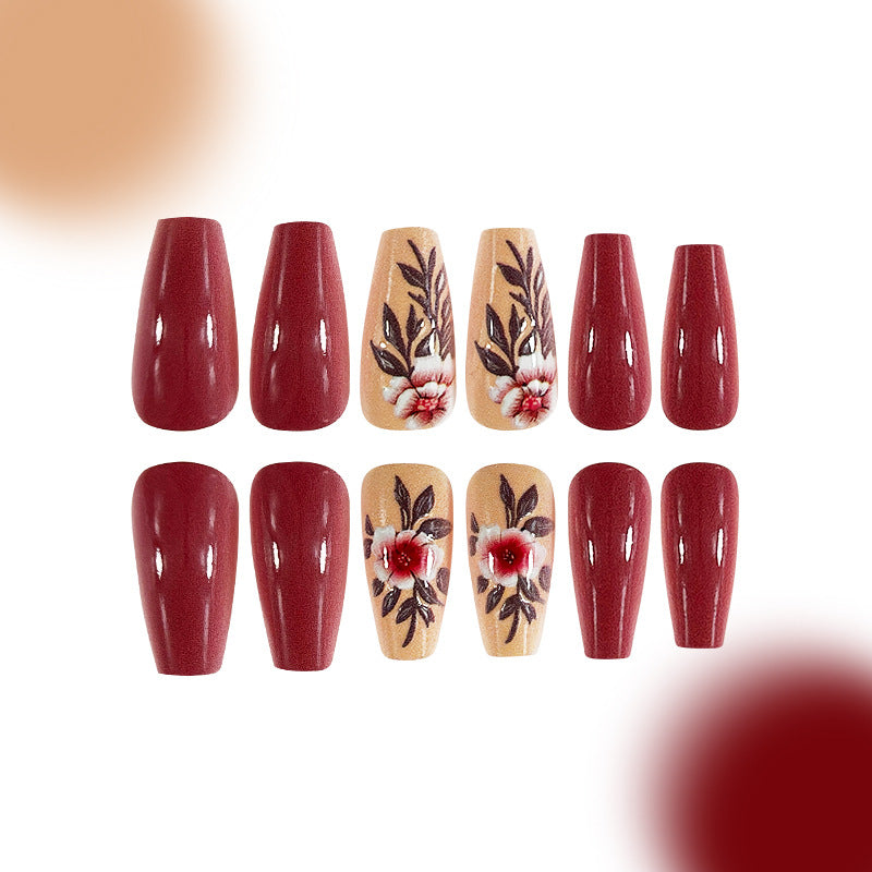 Blooming Elegance Medium Coffin Burgundy and Beige Floral Press On Nail Set