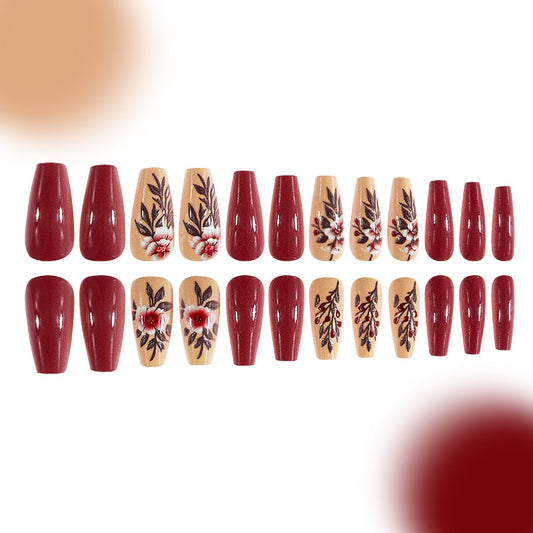 Autumn Elegance Medium Coffin Burgundy and Beige Floral Press On Nail Set with Glossy Finish