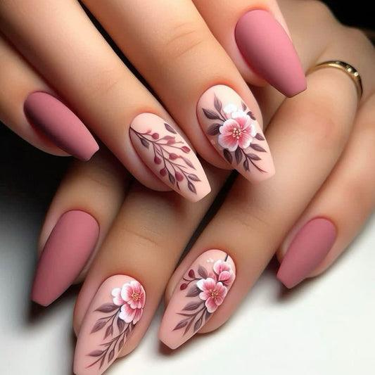 Blossom Enchantment Medium Coffin Pink Matte Floral Press On Nail Set