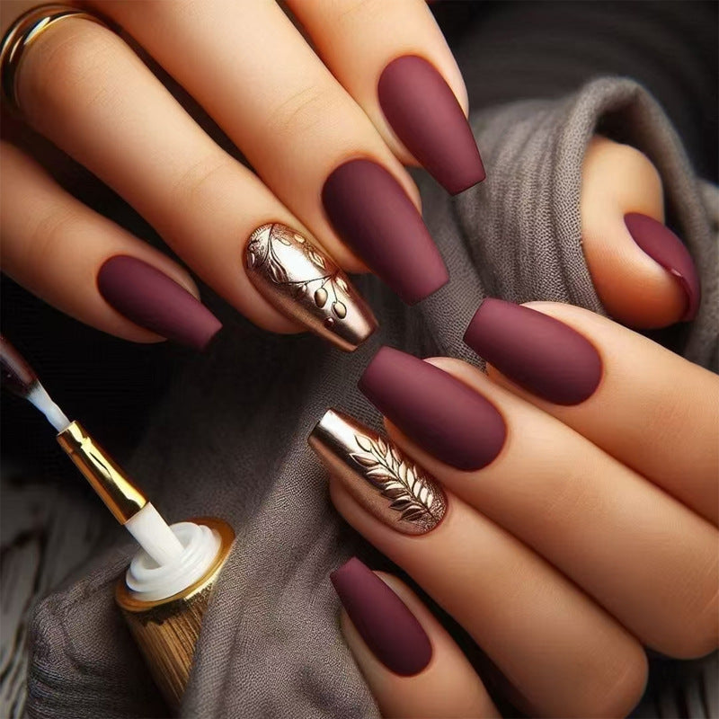 Autumn Elegance Press On Nail Set Medium Coffin Shape Deep Burgundy with Matte Finish and Metallic Floral Accent
