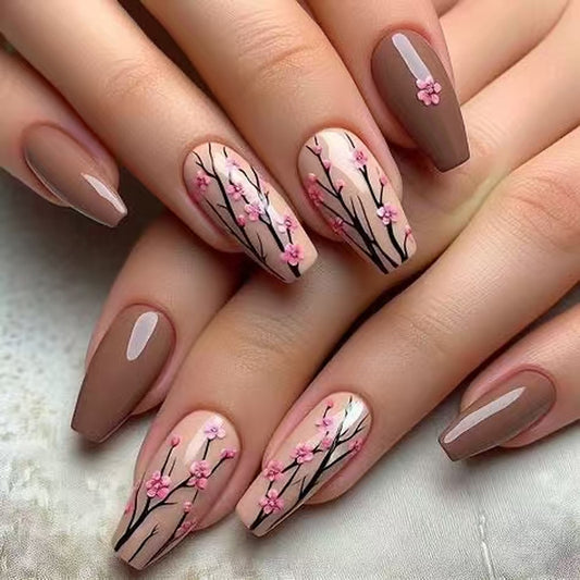 Cherry Blossom Serenity Long Coffin Pink and Brown Floral Press On Nail Set with Elegant Artwork