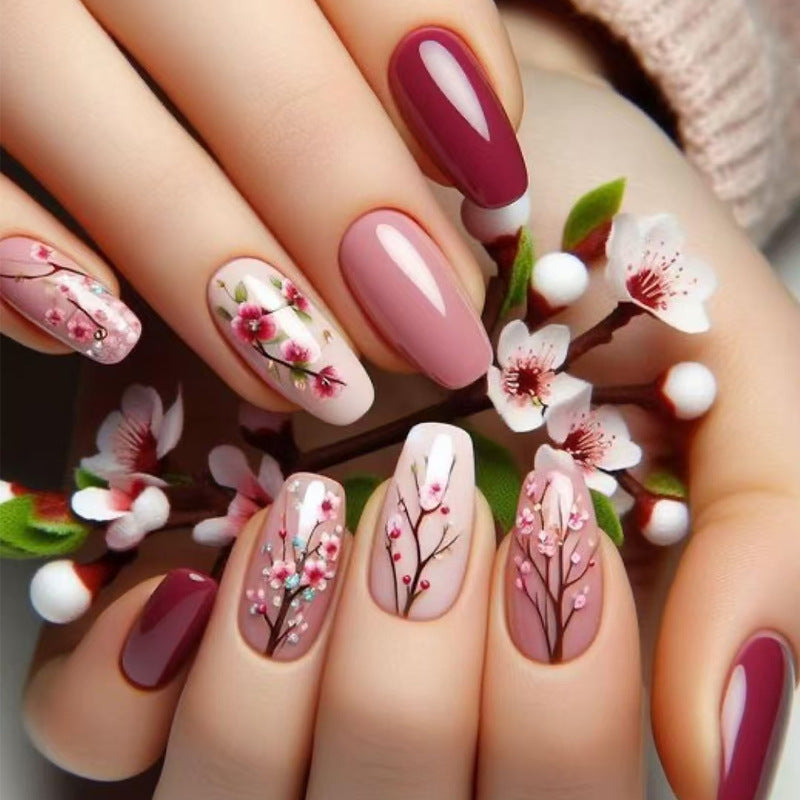 Blossoming Elegance Medium Coffin Shaped Pink and Burgundy Press On Nail Set with Beautiful Floral Designs